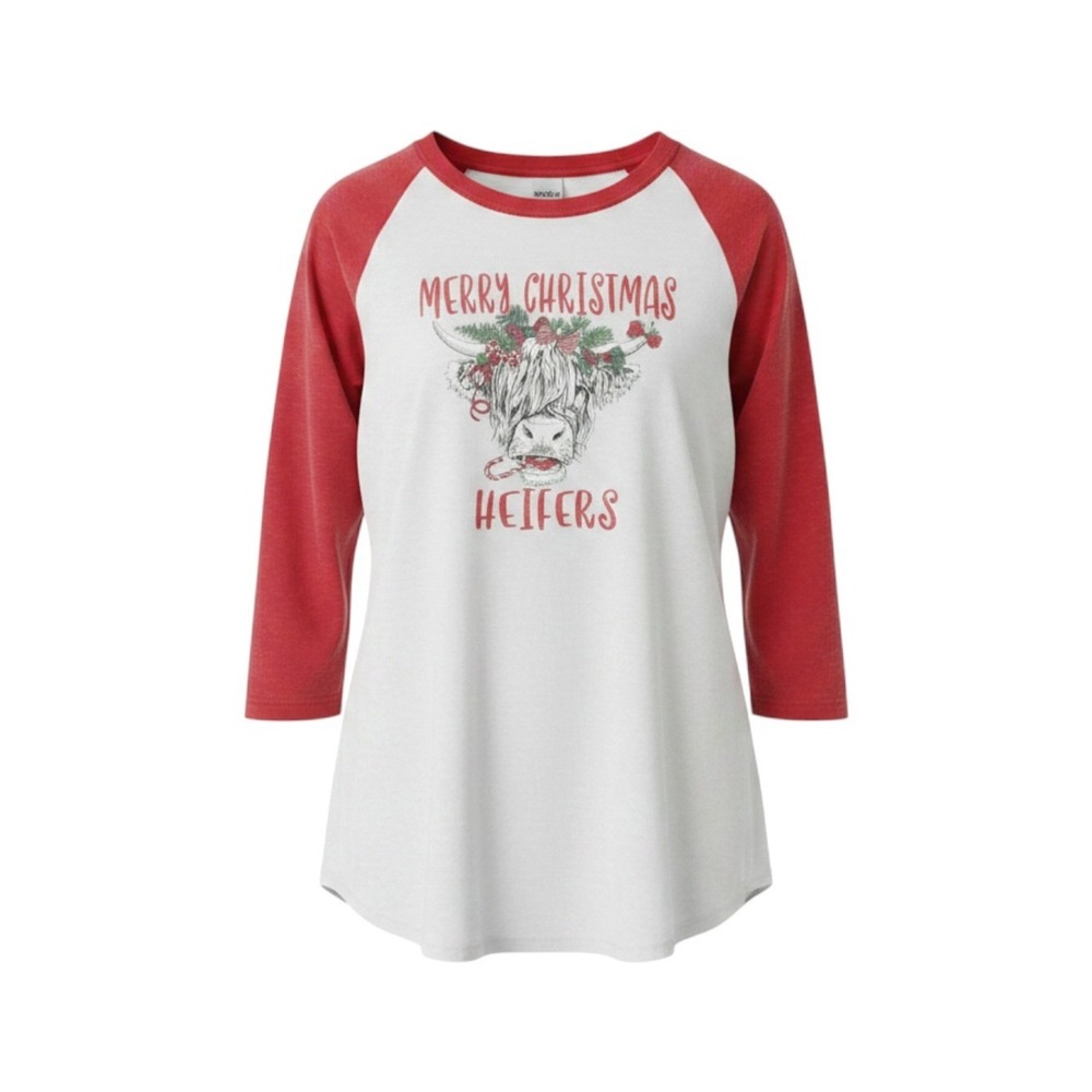 Merry Christmas Heifers Highland Cow Raglan Baseball Shirt Red White Medium